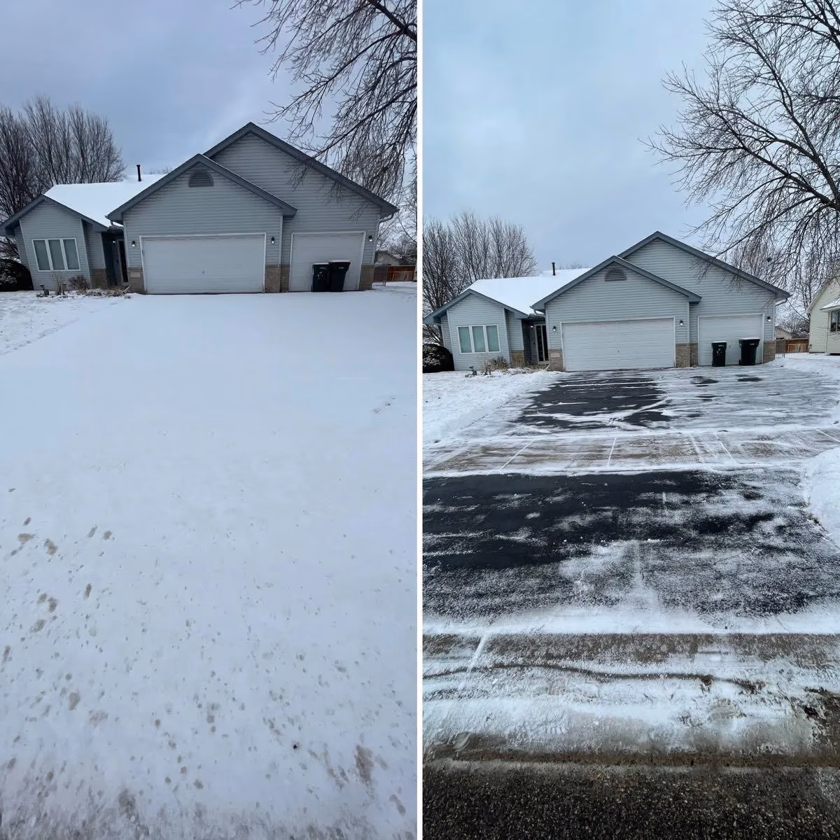 Side-by-side images of a house driveway before and after snow removal on a cloudy day.