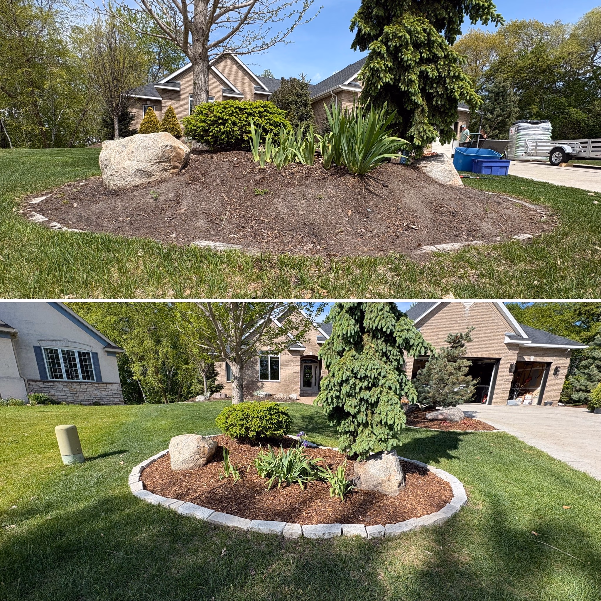 Before and after photos of a landscaped garden bed in front of a house with trimmed plants and stone edging.