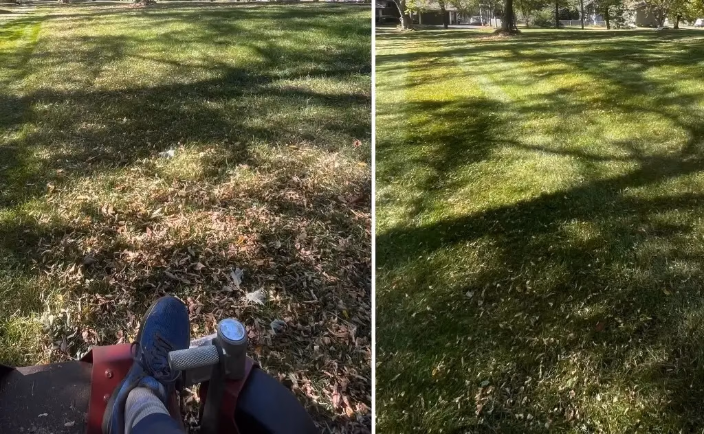 Side-by-side photos of a lawn before and after grass mowing with shadows of trees visible.