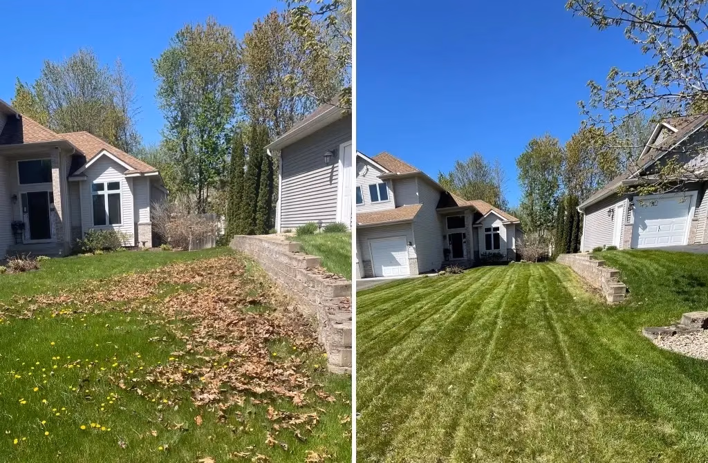 Side-by-side images of a green yard before and after leaves are raked and the grass is mowed.